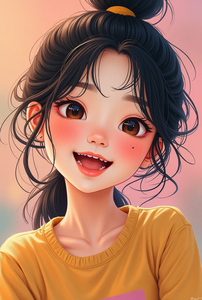 Create a Korean woman with chubby cheeks having bunny teeth and having a mole on her cheek and idol freckles