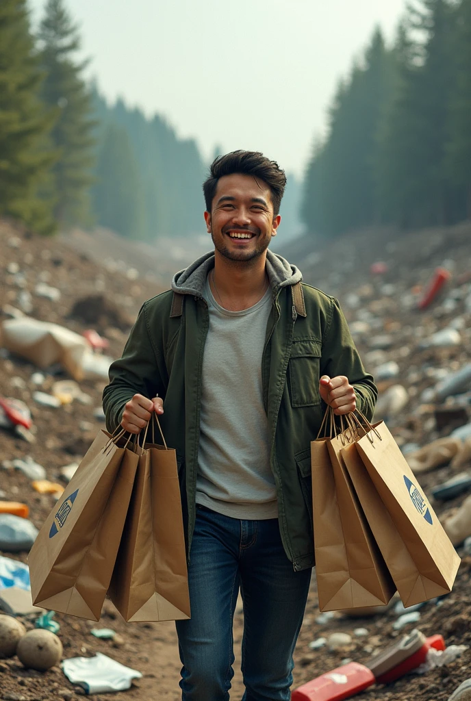 Smiling person with shopping bags and in the background a completely cut down forest and garbage