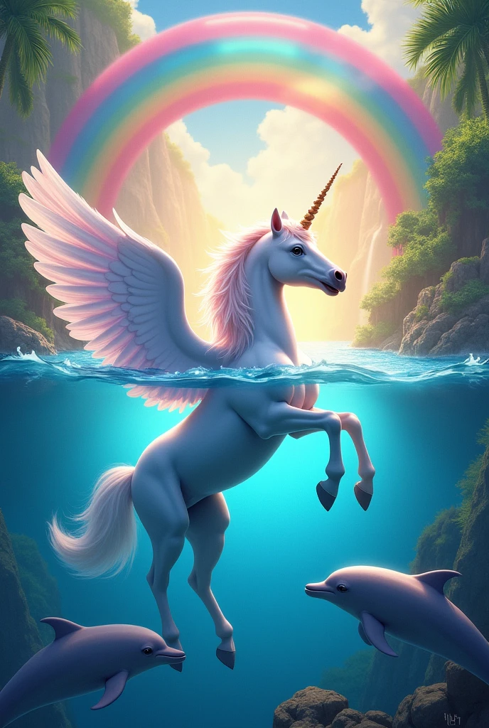  Happy alicorn with dolphins and rainbows all very colorful, as if it were a paradise, with another angle
