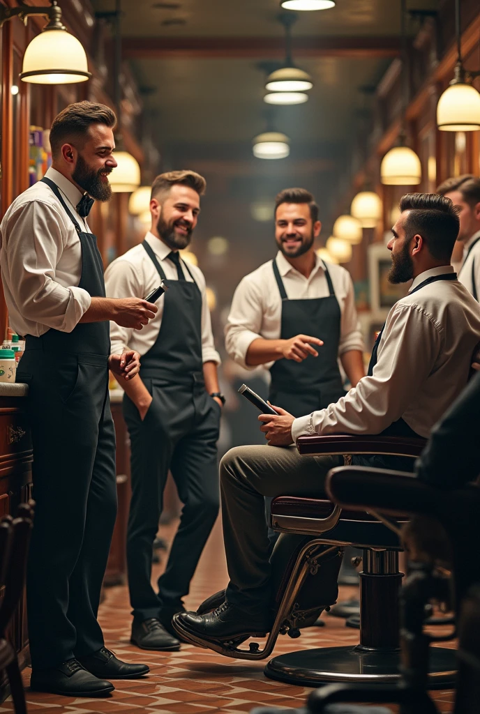 Team of barbers talking 