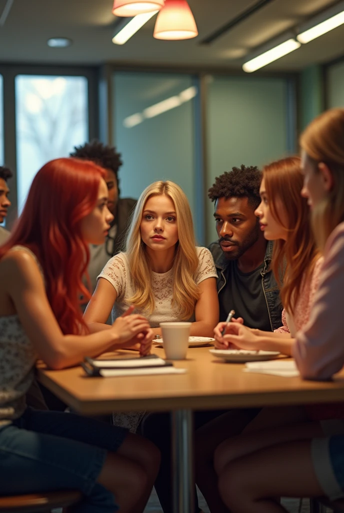 draw a table with 6 people, 1 blonde girl, 1 blond boy, 1 black boy, 1  moreno, 1 redheaded girl and 1 brunette, mean girl movie style