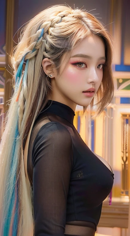 una pintura de una mujer con largo cabello blanco y trenzas, hermosa pintura de personajes, Impresionante estilo artístico, estilo ross tran, Rhads y Lois Van Baarle, alena aenami and artgerm, artgerm y atey ghailan, moebius + loico + ¡vaya!, impresionante arte de personajes, obra de arte al estilo de guweiz, jisoo from blackpink, popular south korean makeup, quality detailed ,(beautiful makeup :1.2), Wide hips, big, big ass, (best quality, 8K, masterpiece: 1.3), Clear focus: 1.2, Perfect body beauty: 1.4, strong abs, Very detailed face and skin texture. , detailed eyes, double eyelids, (long hair), having very marked curves, with greater volume in ((hips and breasts)), which makes the waist look much smaller ((wasp waist)).