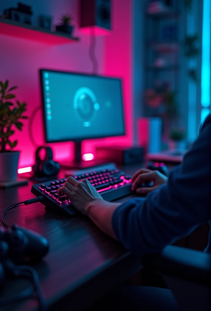 dark gamer room with pixel art style LEDs with hands on the table