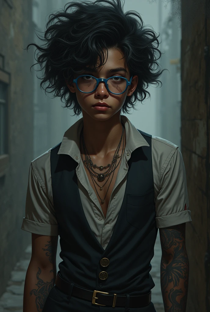 Bruno is a 22 year old adult with curly frizzy hair , brown eyes almost black in tone , has light brown skin , wears blue-rimmed glasses and wears semi-formal clothing. He has symbols tattooed on his left arm that he leaves visible most of the time, making him crazy, horror movie style, a little uglier, RPG style, paranormal order 
