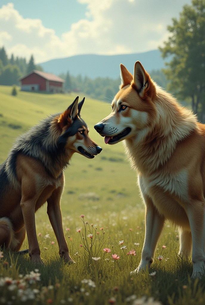 Skinny wolf meets big, well-fed sheepdog.