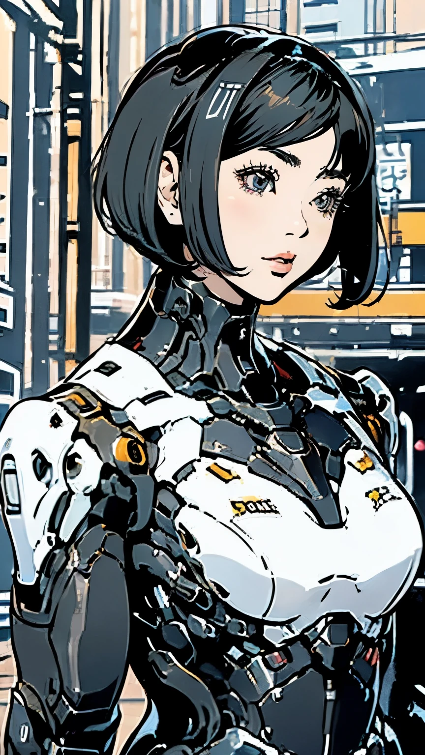 Android Combat Suit、Upper Body、Close-up、Beautiful woman、Black Hair、Bobcut、Moderate bust、scenery、City、Mecha Warrior、masterpiece、Highest quality