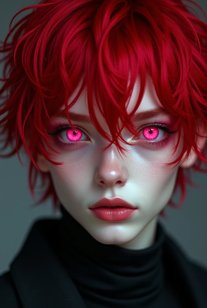 19 year old boy with white skin, pale skin
Messy hair Bright blood red
Bright red hair
Pink eyes