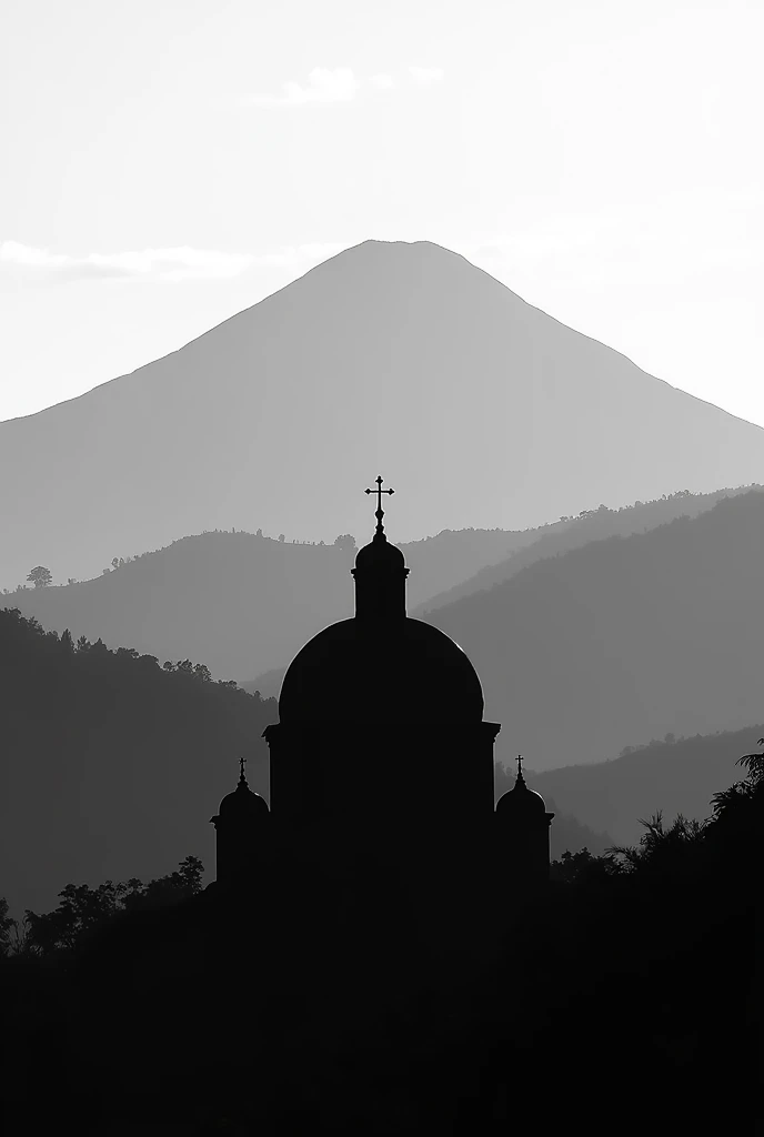 Silhouette of the 20-peak Zempoala hill that is in Huauchinango Puebla and in front with the silhouette of a church, the dome above the cross that is in Huauchinango Puebla black and white
