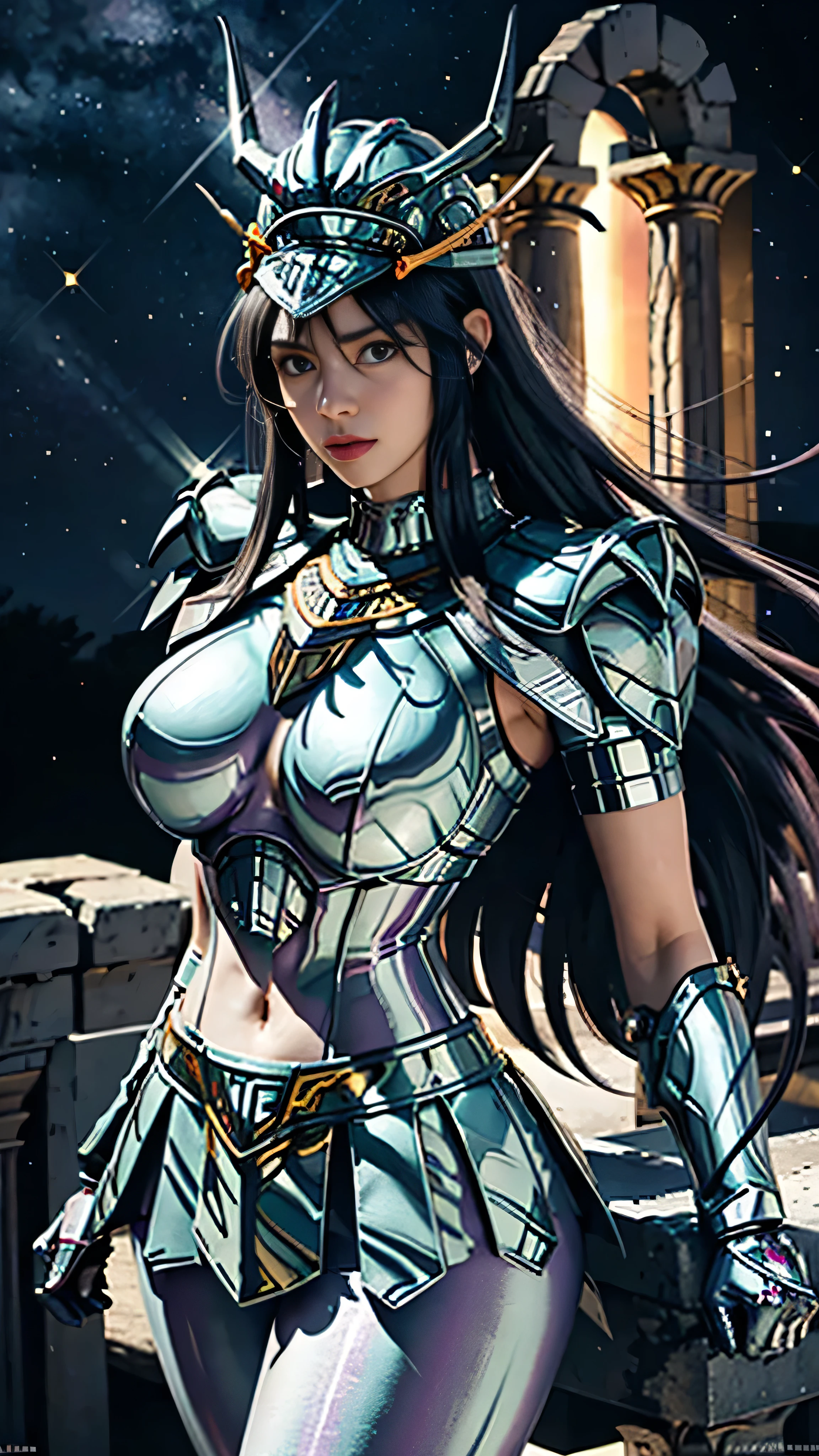 masterpiece, best quality, ultra high res, realistic skin texture, armature, (photorealistic:1.4), high resolution, raw photo, shiny skin, realistic skin texture, best lighting, sparkle, dramatic lighting, dynamic pose, (greek temple background:1.3), night sky, cosmos, milky way, 1girl, (medium breast:1.1), balanced eyes, Dragon Shiryu wearing green silver armor, purple pants, purple short sleeve shirt, wearing dragon helmet, roman skirt plate, (breast plate:1.5), very long hair, shield, cleavage,