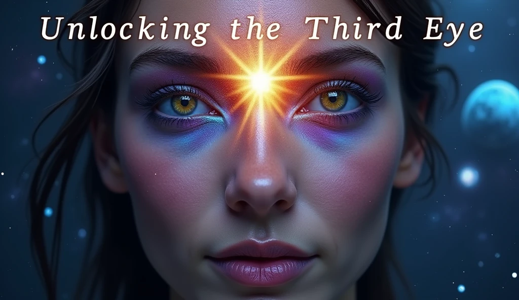 A captivating thumbnail featuring a close-up of a person's face with their third eye glowing brightly in the center of their forehead. The glow should be a radiant mix of cosmic colors, such as deep blues, purples, and shimmering gold, creating an aura of mystical illumination. The background should be a striking, dark cosmic expanse filled with stars, planets, and nebulae, adding a sense of depth and intrigue. The person should have a serene, enlightened expression, emphasizing the theme of unlocking hidden truths and spiritual illumination. Bold, eye-catching text overlay at the top or bottom should read: "Unlocking the Third Eye: The Hidden Truth" in a contrasting color for maximum visibility. --ar 16:9
