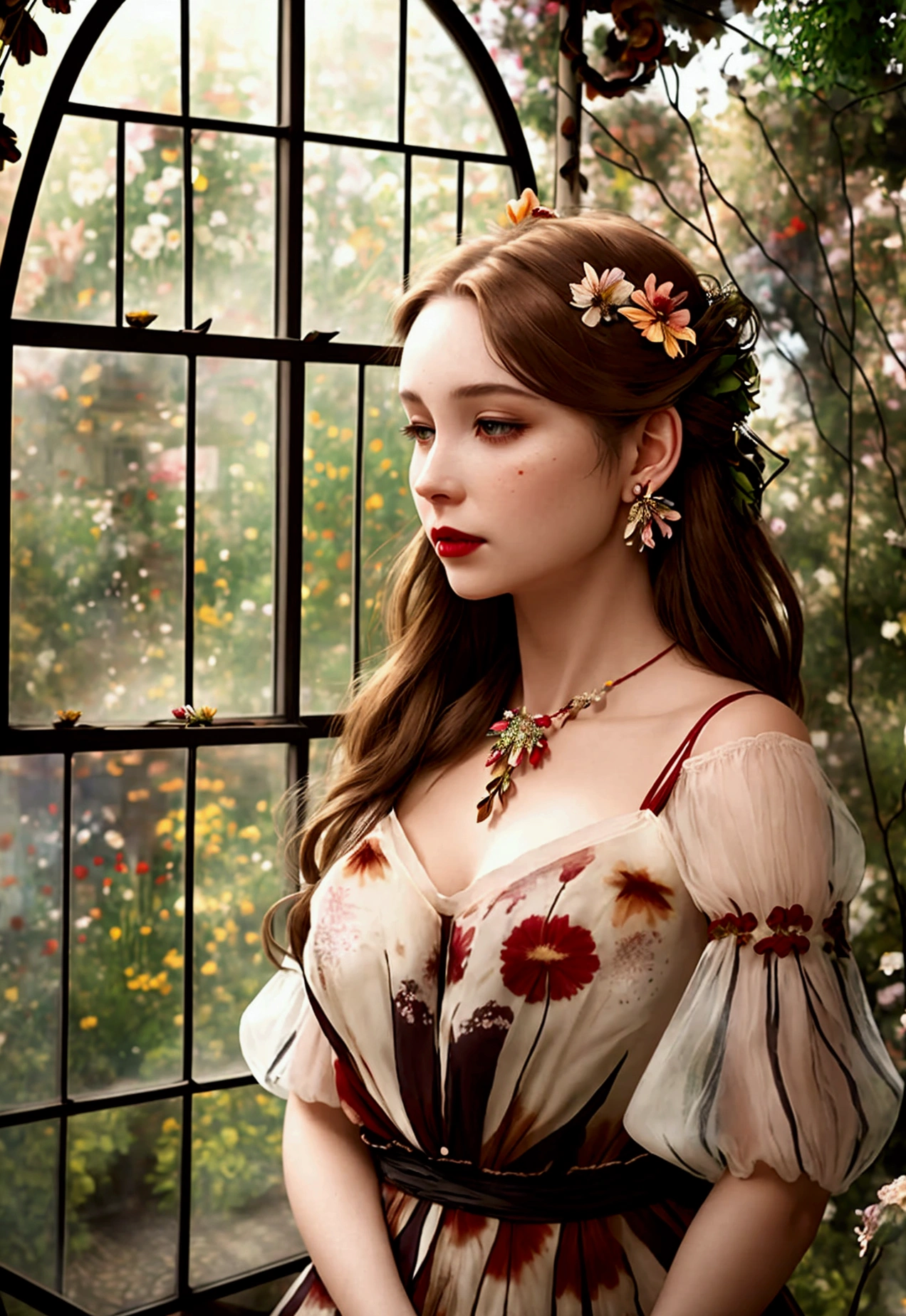 Beautiful realistic woman, detailed face, crystal clear amber eyes, red lipstick, flowing brown hair, dried red flower in her hair, delicate earrings and necklace, bright tie dye printed fabric dress, low cut, and falling in her arms with shoulders showing, feeling of movement, strong dark lighting, outdoor background, house made of old material, (((flowers in the window and blurred garden))), bokeh, alcohol ink, a masterpiece.