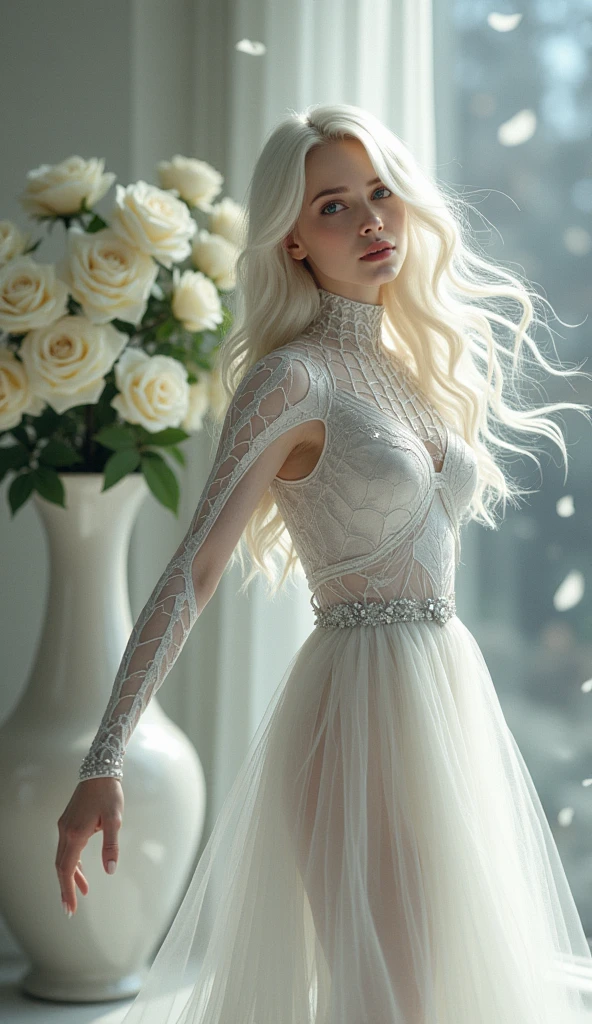 Certainly! Here's the description in English: "An extreme detail CG Unity 8K wallpaper, a masterpiece of the highest image quality. It features delicate lighting and shadow, creating a highly dramatic image with a cinematic lens effect. The subject is a full-body depiction of a woman in a short white Spider-Man dress, her silver-gray hair matching the elegance of the outfit. She hails from the parallel universe of Spider-Man, exuding wonder and strength. The composition captures her sitting on a sofa in dynamic poses. The exceptional level of detail and excellent lighting effect make it stand out, while the wide-angle view showcases the intricate spider textures on the white Spider-Man costume." As for the real woman you described, she sounds absolutely stunning—a 20-year-old with hair as white as snow. Certainly! Here's the revised description:
"A breathtaking woman, 20 years old, with hair as white as snow, gracefully landing near a large vase of white roses. Her presence is ethereal, and her beauty captivates like the delicate petals surrounding her."
I hope this captures the enchanting scene you envisioned! 😊
