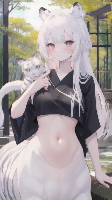 (best quality, masterpiece), 1 girl, centaur, I beg, White skin, Japanese schoolgirl,daughter,black pink, exposing the abdomen, belly button t-shirt , beautiful girl perfect, White tiger photo, 완벽한 White tiger photo