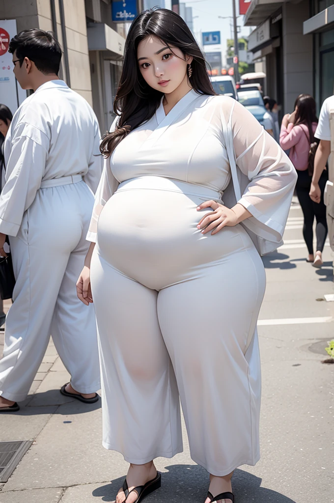 Arab Japanese woman on the street , Attractive voluptuous body , Wearing a white jumpsuit pajamas, Beautiful woman, in great detail ,wide hips, long legs, tall ,thick high, group, Full body on camera, Wearing a strap wedge