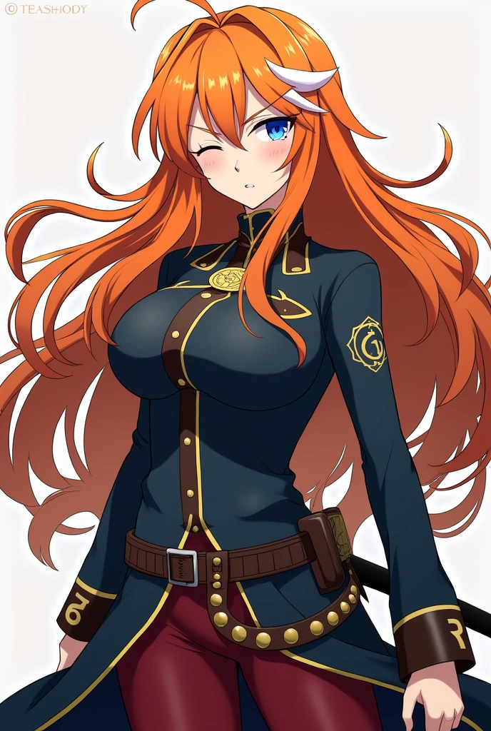 create an orange-haired girl who is facing forward, with long, loose hair, with white locks. Their eyes are their most distinctive feature: The right eye is a deep blue, while the left eye is completely white, without iris or pupil. She has big breasts and a very small waist.. He wears the uniform of the demon hunters. On his belt he carries a Nichirin sword, ready to be drawn at any time. The drawing style must be that of Demon Slayer