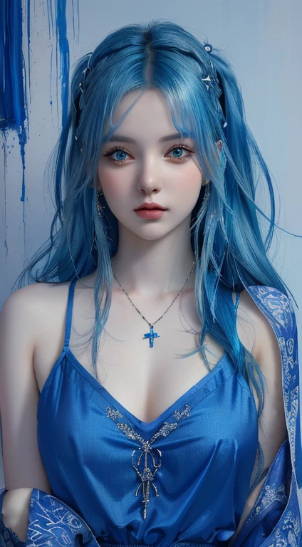 a painting of a woman with blue hair and a necklace, alena aenami and artegerm, deviantart art station cgscosiety, artegerm portrait, artegerm. High detail, Neoartcore y Charlie Bowater, Girl with blue hair, artegerm detailed, extremely detailed artegerm, Detailed Matte Fantasy Portrait, beautiful blue hair girl