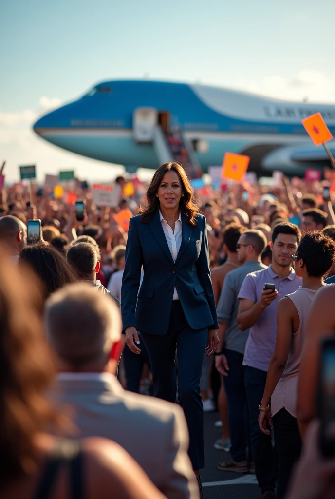 Kamala Harris and Time Walls, landing at an airport on Airforce 2, tons of crowd holding up signs and cell phones.