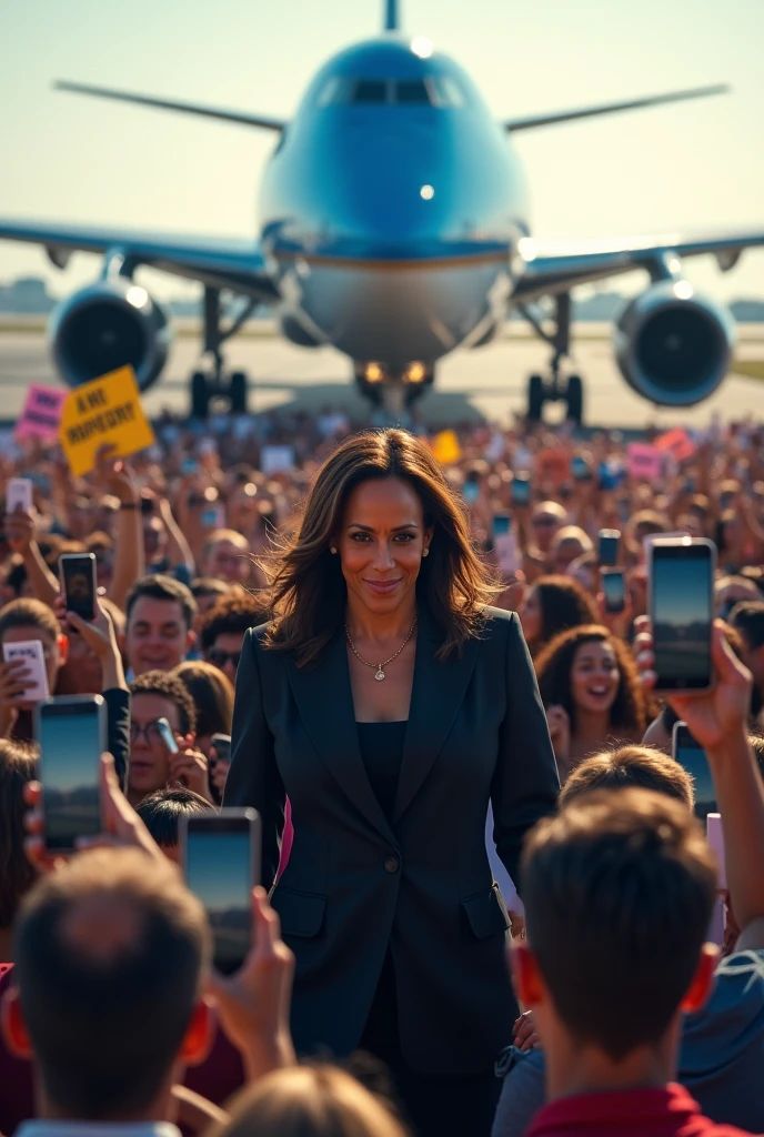 Kamala Harris and Time Walls, landing at an airport on Airforce 2, tons of crowd holding up signs and cell phones.