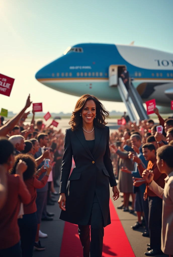 Kamala Harris and Time Walls, landing at an airport on Airforce 2, tons of crowd holding up signs and cell phones.