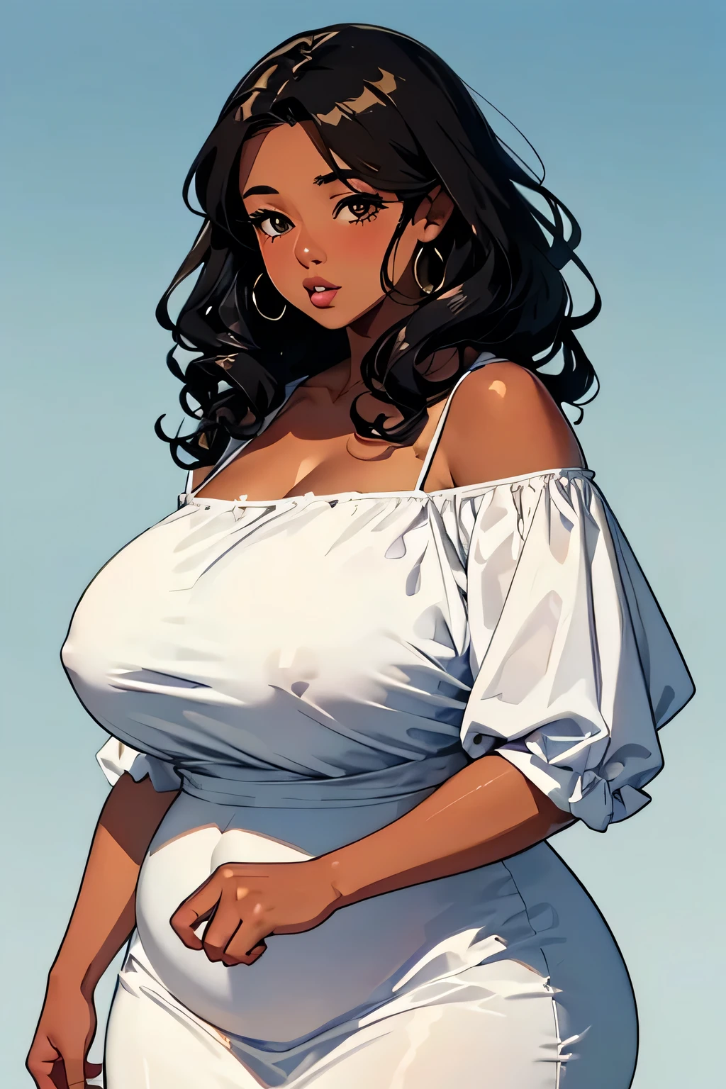 Anime illustration semi-realism of brown skin latina girl, plus size woman, 25 year old, plus size body, chubby body, overweight, black round eyes, black curly hair, big lips, anime, sleek design, brown skin, sideswept hairstyle, round face, dynamic light, wearing white off-shoulder dress, blue sky with white coulds in background,