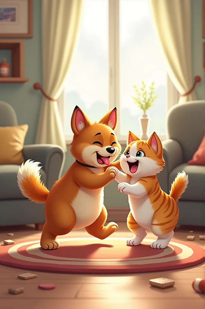 Create a chubby dog fighting with a super cute cat 