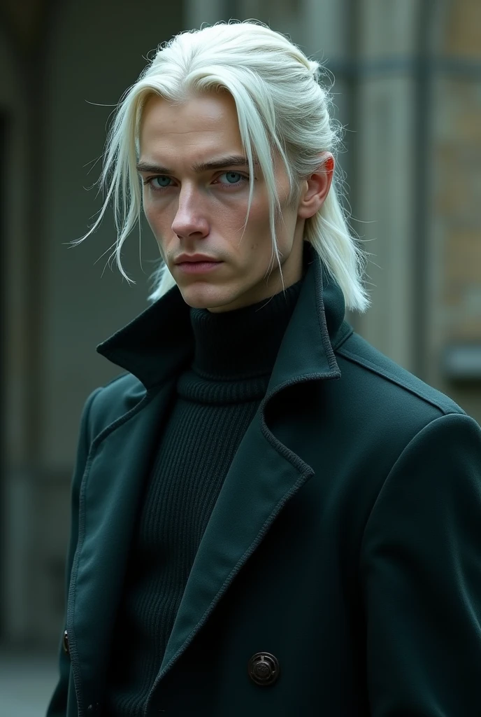 an original male character in the harry potter universe, with medium white hair and tied up, clear blue eyes, with an average age between 25 and 2, already graduated from hogwarts in slytherin house, working as an auror.