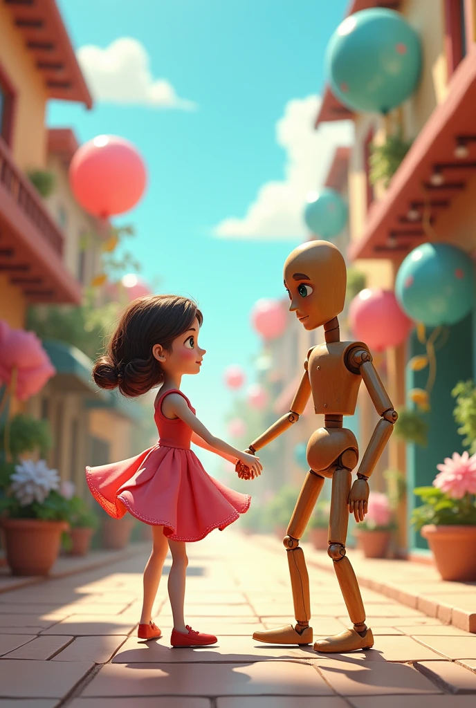 A dancer and a stick soldier walking on the animated street
