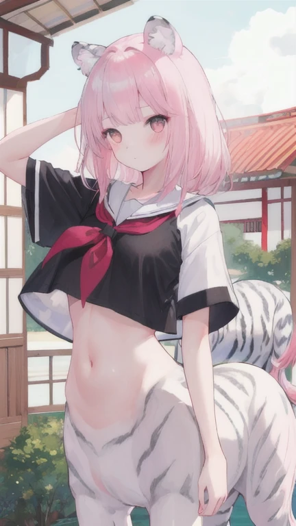 (best quality, masterpiece), 1 girl, centaur, I beg, White skin, Japanese schoolgirl,daughter,black pink, exposing the abdomen, belly button t-shirt , beautiful girl perfect, White tiger photo, 완벽한 White tiger photo