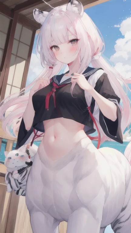 (best quality, masterpiece), 1 girl, centaur, I beg, White skin, Japanese schoolgirl,daughter,black pink, exposing the abdomen, belly button t-shirt , beautiful girl perfect, White tiger photo, 완벽한 White tiger photo