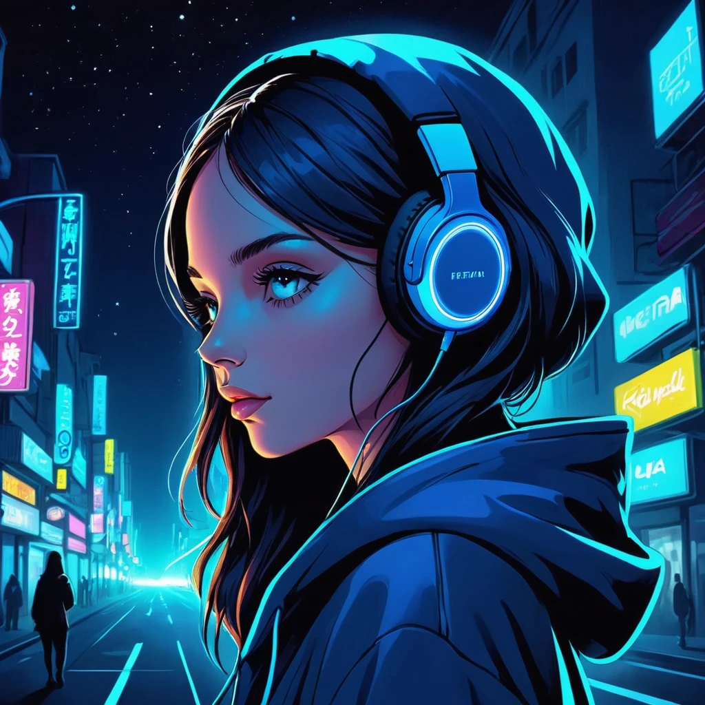 Woman wearing headphones, Blue Retina, hoodie, night, Neon Color Theme, Surreal, Highest quality digital painting