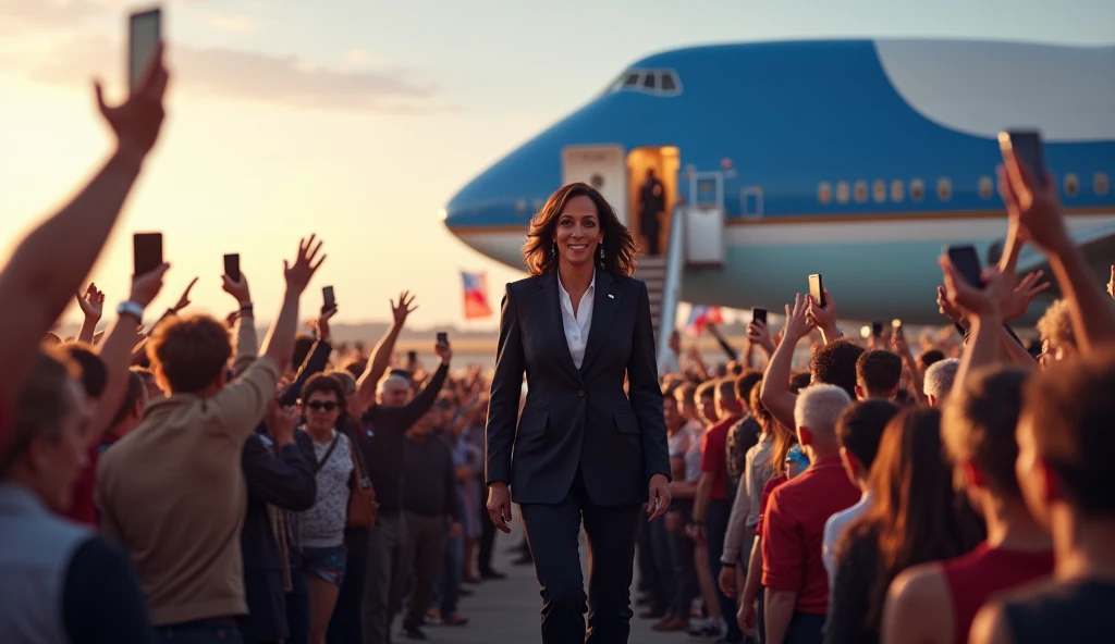 Kamala Harris and Time Walls, landing at an airport on Airforce 2, tons of crowd holding up signs and cell phones.