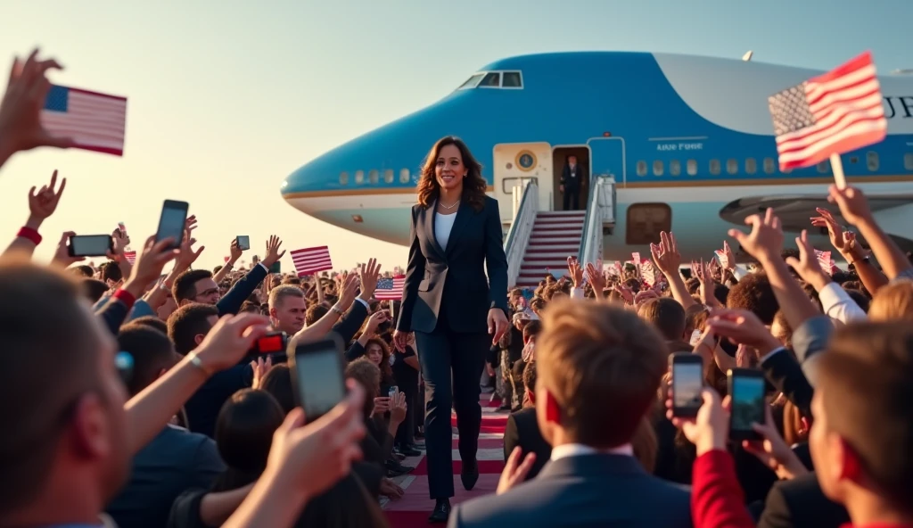 Kamala Harris and Time Walls, landing at an airport on Airforce 2, tons of crowd holding up signs and cell phones.