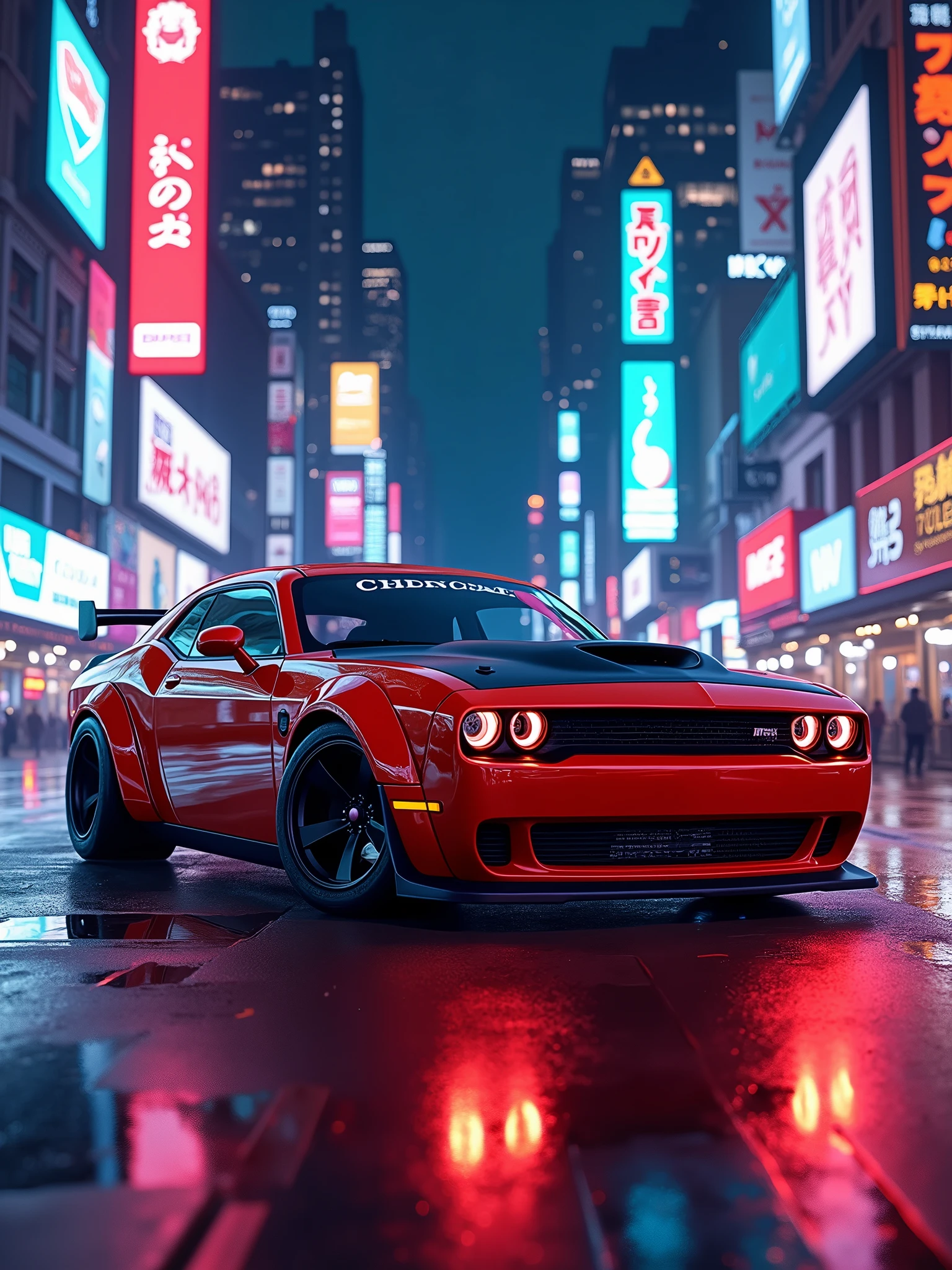Custom 2023 dodge Challenger hellcat street racer, neon-lit city street at night, with sharp focus, intricate and detailed design, Low angle, Cinematic view, cyberpunk-styled lighting, Digital painting, art by khyzyl saleem and daniel bolling and maciej kuciara, trending on artstation and instagram.