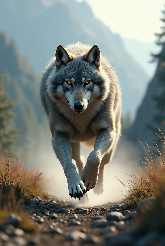A wolf that is running to the side