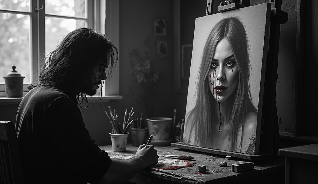 a picture of a man with long hair, who is in a small studio painting, the painting is of a woman with long hair, the woman in the painting is dressed all in black, and her eyes are staring intently at the artist with a scary looking face, laughing scary, there is blood flowing down her face. the eyes and mouth give goosebumps. Around the artist there are several painting tools. around looked messy. and the artist was afraid to look at his own painting because it was scary. black and white background