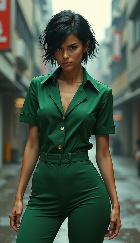 Create a live-action image of a female version of Yusuke Urameshi from Yu Yu Hakusho. She should have a strong, athletic build with a large chest, wearing a tight-fitting, stylish version of Yusuke’s green uniform that highlights her figure. Her hairstyle should be a slightly longer, feminine version of Yusuke’s signature look, and the background should evoke a gritty urban environment, reflecting her street-smart, rebellious nature.
