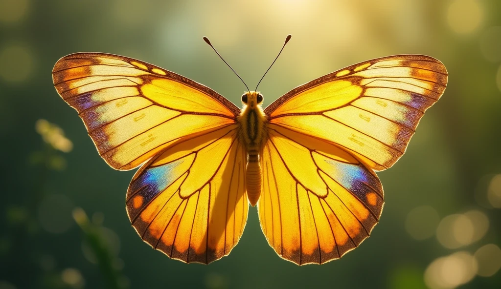 A stunning yellow butterfly fully emerges from the cocoon, with vibrant, colorful wings spread wide, ready to take flight."