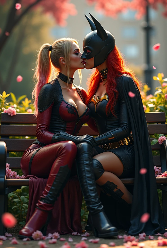 Haley Quinn and Barbara Gordon kissing on a bench