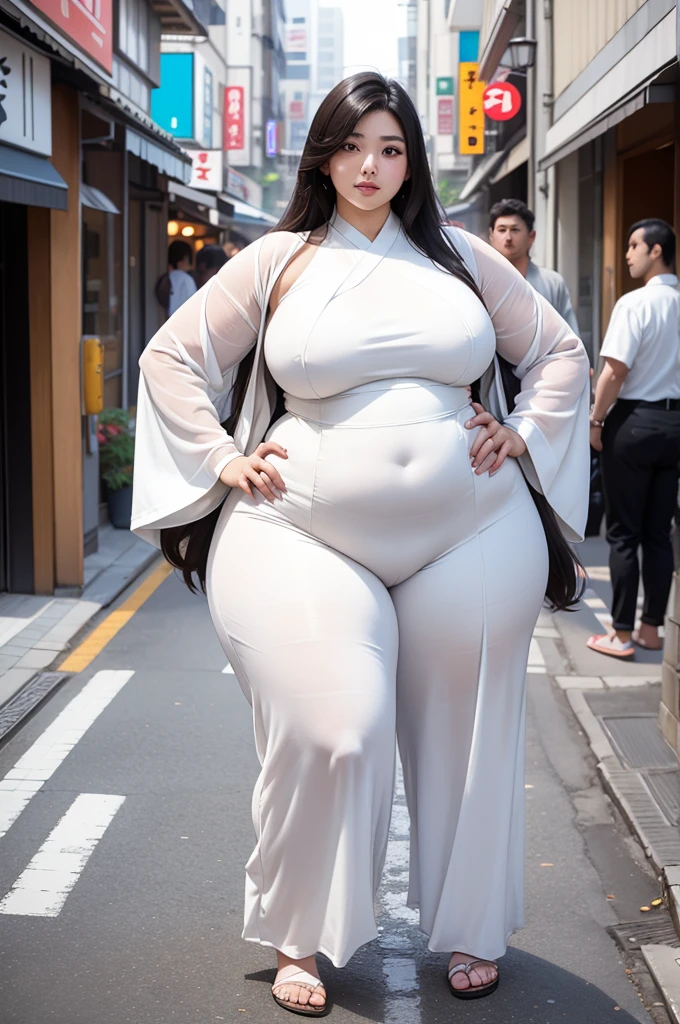 Arab Japanese woman on the street , Attractive voluptuous body , Wearing a white jumpsuit pajamas, Beautiful woman, in great detail , sunken waist, wide hips, long legs, tall ,thick high, group, Full body on camera, Wearing a strap wedge