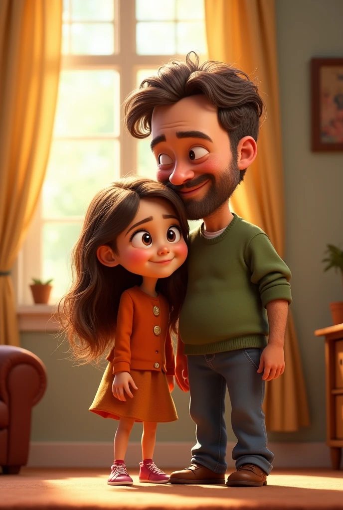 Image of a father with his thirteen year old daughter in Disney Pixar style and the title says toupee and big toupee