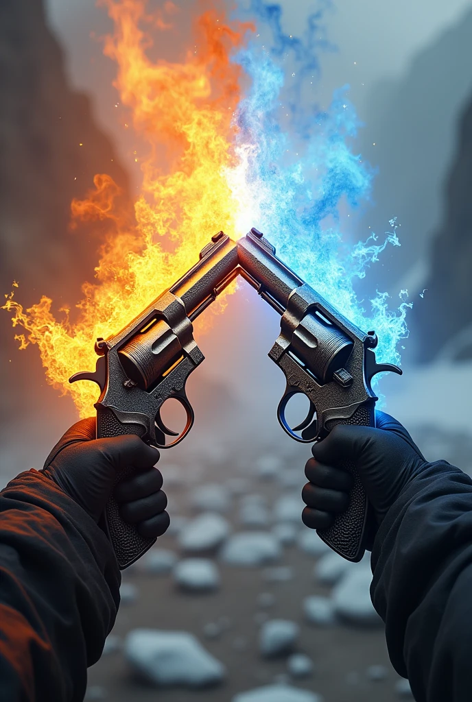 2 revolvers, one fire and one ice with dragon decoration on both weapons