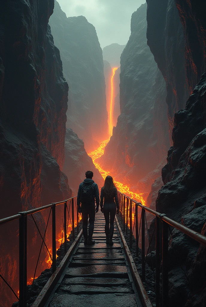 A dark cave with a huge cliff and in the background a river of lava and a long, rusty iron bridge connecting the exit of the cave and the other part of the cave.. And there are also two scientists, a young man and a woman with loose hair, about to cross the bridge.. And everyone has special clothing for dangerous expeditions