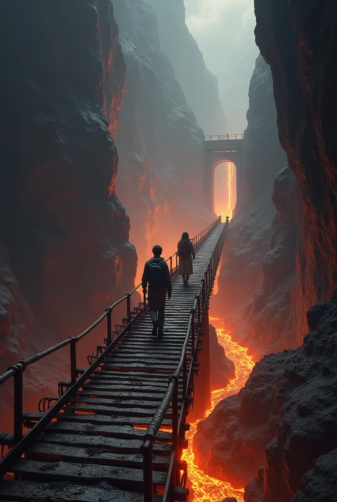 A dark cave with a huge cliff and in the background a river of lava and a long, rusty iron bridge connecting the exit of the cave and the other part of the cave.. And there are also two scientists, a young man and a woman with loose hair, about to cross the bridge.. And everyone has special clothing for dangerous expeditions
