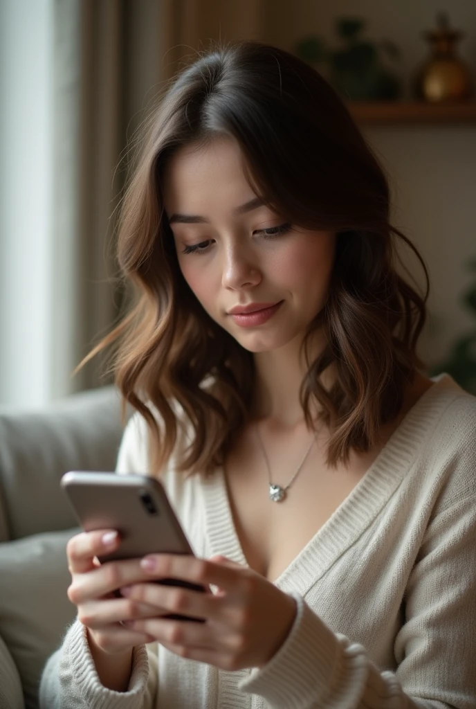 A brown-haired woman playing with her smartphone　profile　Beauty
