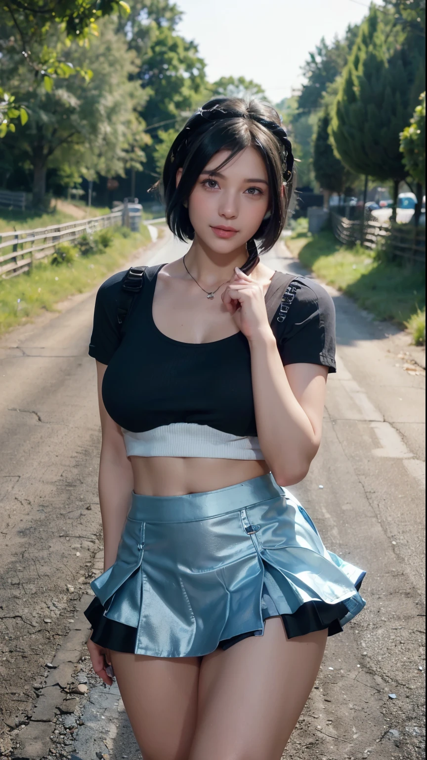 (bicycle), ((walking through the countryside), ((field)),, (((road))), cap with visor, (((short skirt))), butt, shaky hair, big breasts, mouth open,shy,blushing,grimacing,flare,,marker,outdoors,Blake,youthful girl,(shiny black hair,very short hair),youthful girl,happy girl,((competition bike),Blake,accessory for blue butterfly hair, Blake, bright colors, sharp focus, best quality, depth of field, cinematic lighting, (illustrated, 8k CG, highly detailed), ultra detailed, high resolution, firefly, perfect light, 8k, very clear, best quality,high resolution.best quality,illustrated,saxophone blue,single woman,cute,(dynamic lighting: 1.2),cinematic lighting,delicate facial features,sexy young woman,