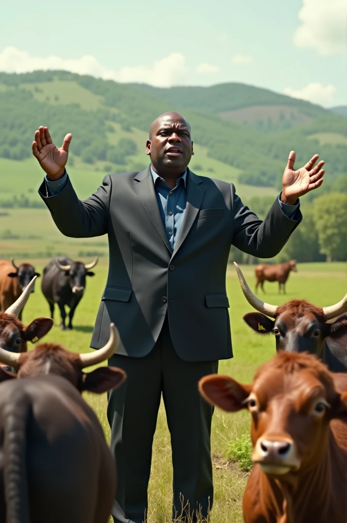 Fat black candidate giving speech to cattle, cows and goats