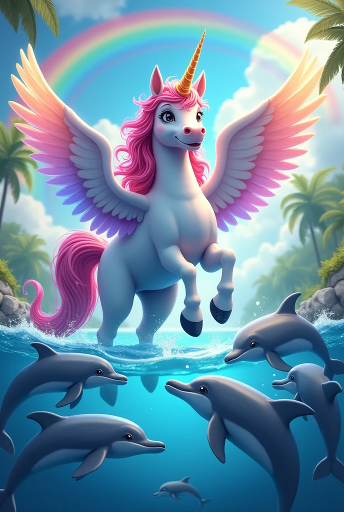  Happy alicorn with colorful dolphins and rainbows all very colorful, as if it were a paradise, with another angle