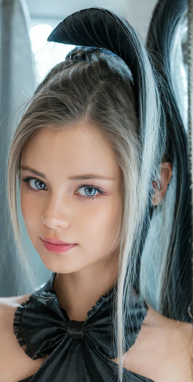 (Ultra-detailed), Cute light black princess dress,(Frill dress),(Strapless),Very bright white ice blue eyes,Upper Body、Close-up、Facial beauty、Cute smile, black makeup, 
long eyelashes,  Facing forward, , Teenage Girl,No tail,(No tail),2d, masterpiece, Highest quality, And soul, Detailed Eyes, Big, bright, light blue eyes that shine beautifully、Detailed face, With a girl, Only one person,Blondeのスーパーロングヘア, (Blonde),  Ear hair, , Single Blade, (Single Blade), (Side Blade), black ribbon, Ribbon on neck, (Strapless tight fitting corset), Background bokeh