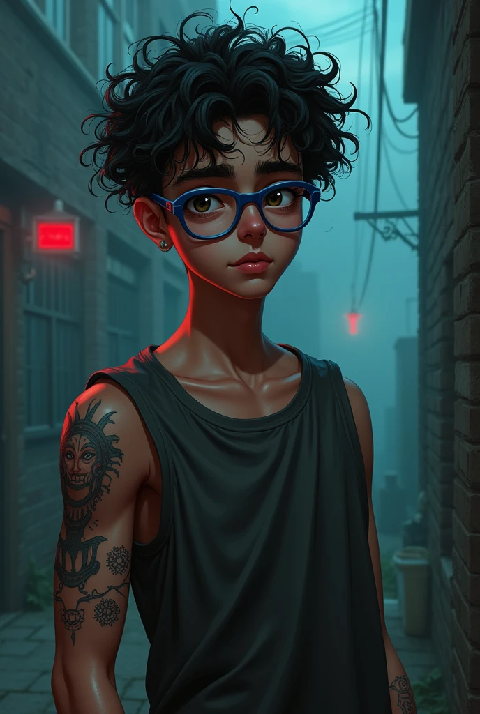 Bruno is a 22 year old adult with curly frizzy hair , brown eyes almost black in tone , has light brown skin , wears blue-rimmed glasses and wears semi-formal clothing. He has symbols tattooed on his left arm that he leaves visible most of the time, making him crazy, Joker style, horror movie style, a little uglier, RPG style, Paranormal Order 
