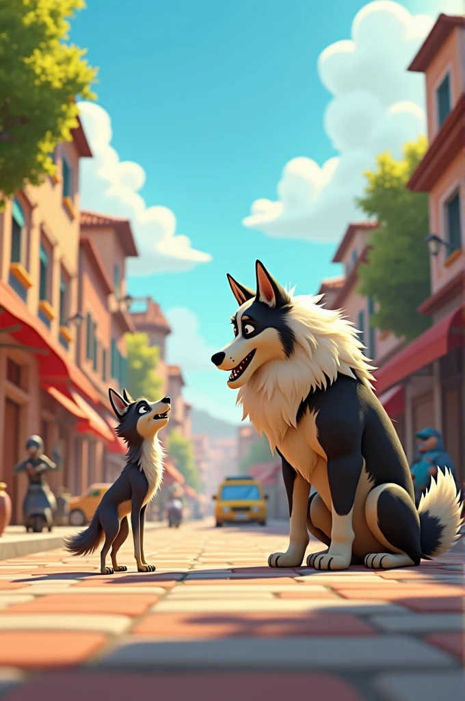 Skinny wolf meets big, well-fed sheepdog. Animated Nervión
